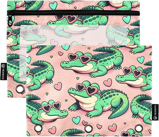 Alligator Crocodiles Pink Pencil Pouch for 3 Ring Binder 2 Pack Zipper Binder Pencil Bag Case with Clear Window Office School Supplies