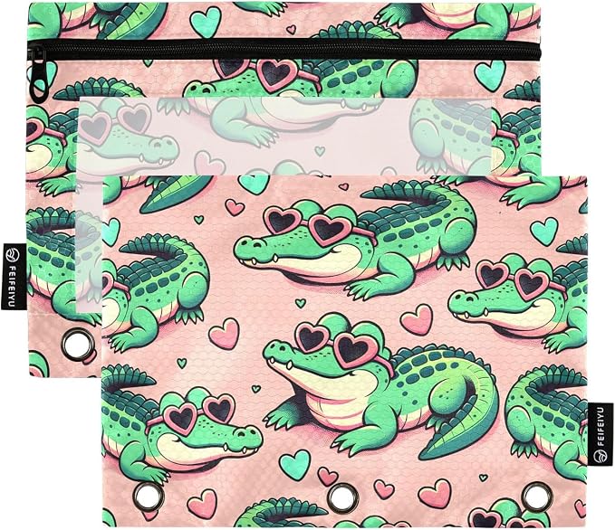 Alligator Crocodiles Pink Pencil Pouch for 3 Ring Binder 2 Pack Zipper Binder Pencil Bag Case with Clear Window Office School Supplies