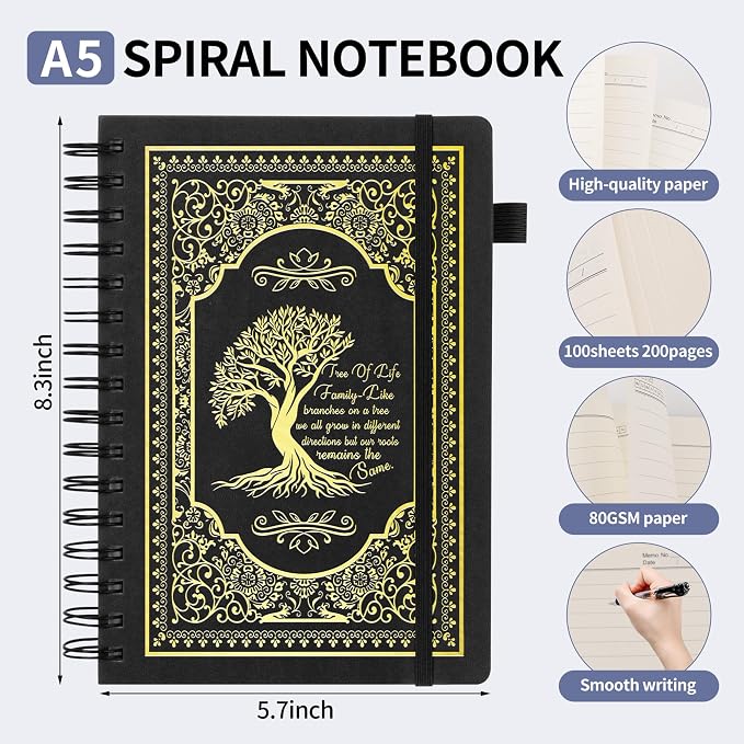 A5 Hardcover Spiral Notebook Tree of Life Journal Daily Journals for Writing Travel Notebooks Journal for Women Men 80GSM Paper Leather Spiral Journal,5.7"x8.3"(Spiral Tree -Black)