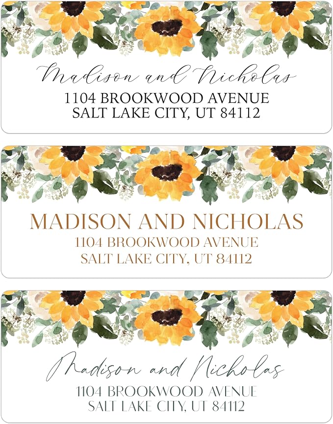 Return Address Labels Personalized with Your Choice of 30 Flower Styles - Choose Font and Font Color or Add Custom Text - Perfect for Wedding Envelopes (029 Sunflowers)