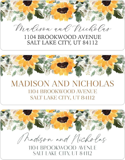 Return Address Labels Personalized with Your Choice of 30 Flower Styles - Choose Font and Font Color or Add Custom Text - Perfect for Wedding Envelopes (029 Sunflowers)