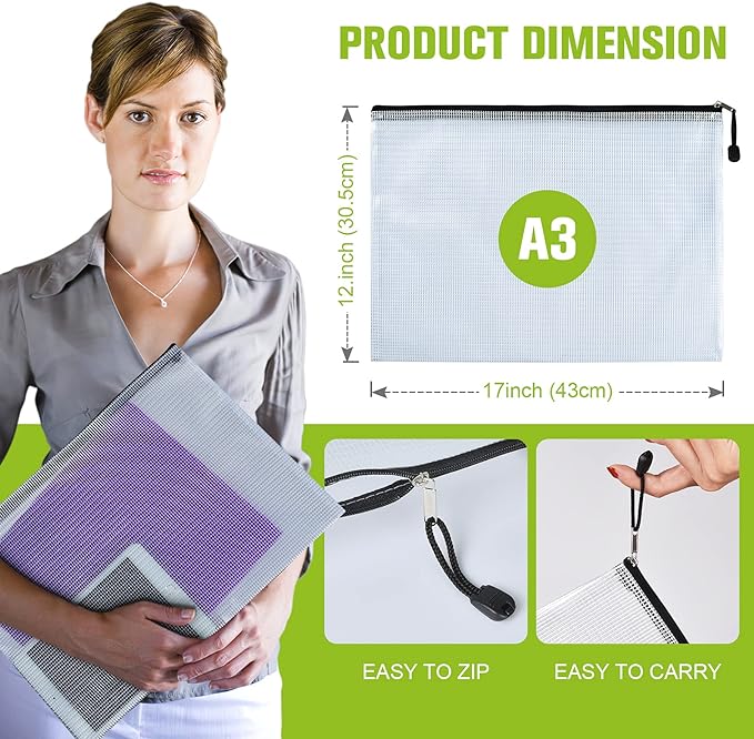 A3 Mesh Zipper Pouch Bag, 6PCS Waterproof Plastic Mesh Zipper Bag, Black | 17×12 Inch Tear-Resistant Document Pouch, Extra Large Zip File Bags, for School Classroom Office Supplies Home Travel Storage