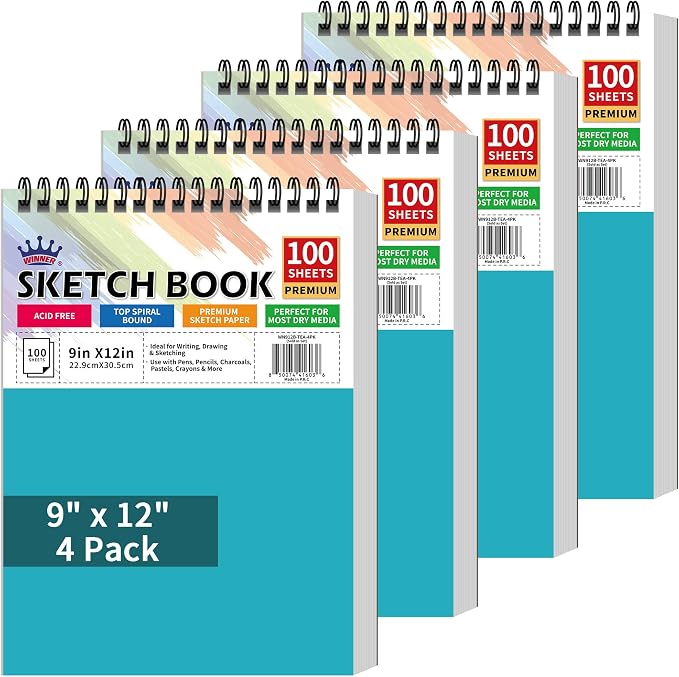 WINNER 9" x 12" Sketch Book 4 Pack, 400 Sheets Spiral Bound Art Sketchbook, 68lb/100gsm White Acid Free Drawing Pad, Sketching Doodling Drawing Writing Sketch Pad, Art Supplies for Back to School