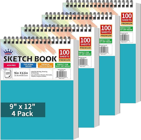 WINNER 9" x 12" Sketch Book 4 Pack, 400 Sheets Spiral Bound Art Sketchbook, 68lb/100gsm White Acid Free Drawing Pad, Sketching Doodling Drawing Writing Sketch Pad, Art Supplies for Back to School