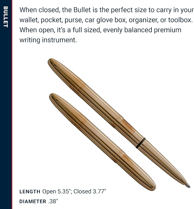 Fisher Space Pen Brass Alloy Bullet Pen, Pressurized Ballpoint Pen, Compact Pocket Size, Writes Upside Down and in Extreme Temperatures, Smooth Black Ink, Medium Point, Gift Box, Made in the USA