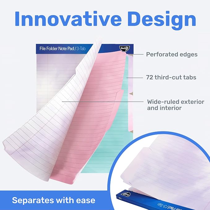 Find It File Folder Notepad, 72-Ct 3rd-Cut Tab Organizer Folders, Tie-Dye | Wide-ruled clipboard-style pages, front and back ruled, perforated tear-out sheets, office and school filing organization
