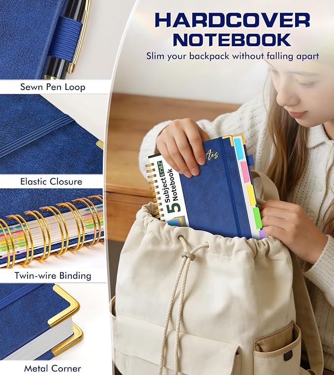 5 Subject Spiral Notebook Journal with Removable Dividers Tabs, 300 Pages Organizer Notebooks for Work School, 8"x10" Hardcover Leather Notebook College Ruled, Large Lined Journal for Women Men,Navy
