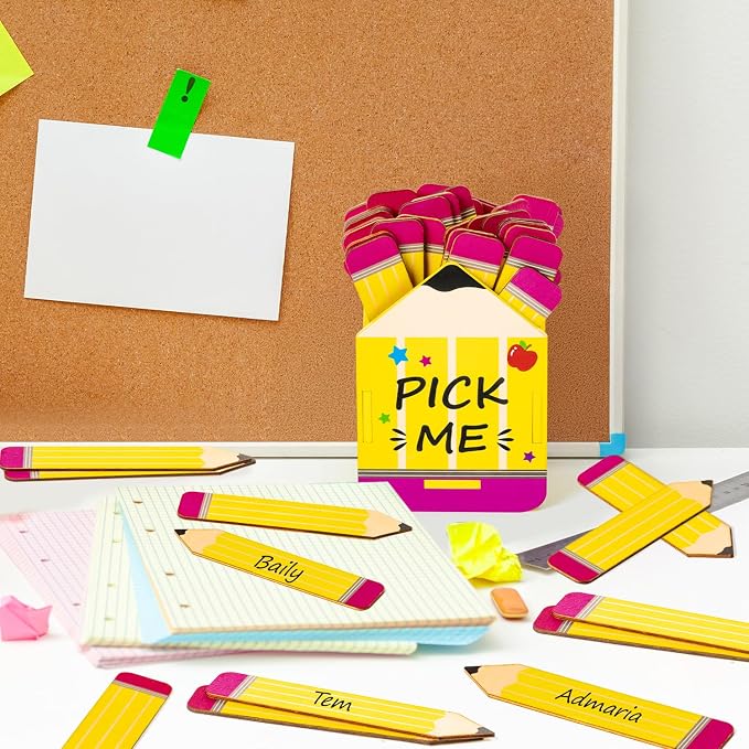 CJiangpo 51Pcs Pencil Flip Name Sticks with Wooden Pencil Shaped Holder | Talking Flip Name Sticks, Classroom Management, Educational and Learning Activities, Grouping Back to School Supplies