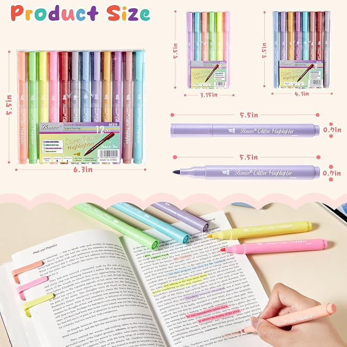 Silver Glitter Highlighters, 12 Metallic Colors, No Bleed Chisel Tip | Quick Dry for Bible Journaling, Planners, Scrapbooks & DIY Crafts
