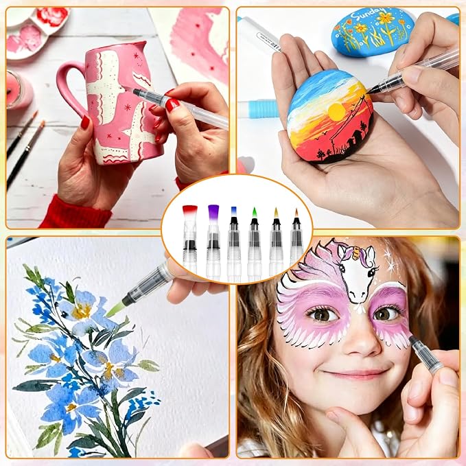 12 Pcs Refillable Watercolor Brush Pens with Palette | 12 Water Brush Pens Point & Flat Nylon Tips With Palette Reverse Thread Design For Painting Calligraphy Travel Art