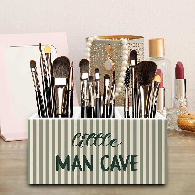 Boy Nursery Decor Pen Pencil Holder Organizer for Desk, Sage Green Striped Little Man Cave Wooden Box Signs Decorations for Kids Boys Room Bedroom Playroom Desk Tabletop, Boys Room Decor
