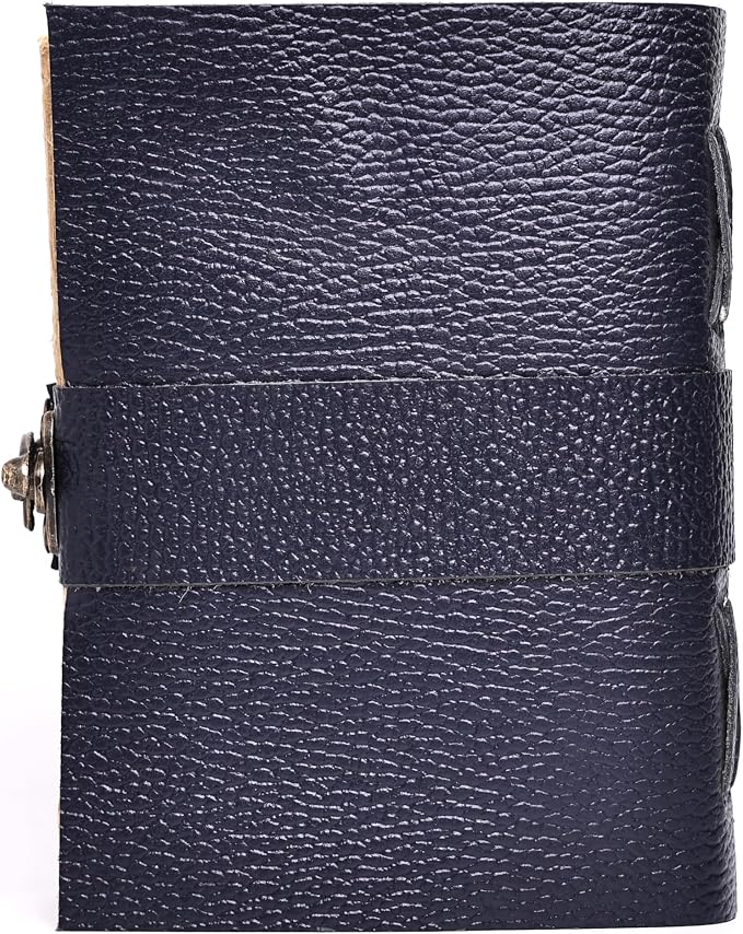 Leather Bound Vintage Journal for Women & Men – Book of Shadows – Lock Closure – 200 Pages of Antique Deckle Edges Handmade Paper (Italian Blue, 6 x 4 inches)