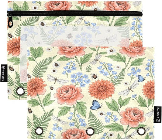 Gredecor 3 Ring Binder Pencil Pouch, Vintage Botanical Floral Zippered Pen Case Pouches with Clear Window, 2 Pack Stylish Office & School Supplie