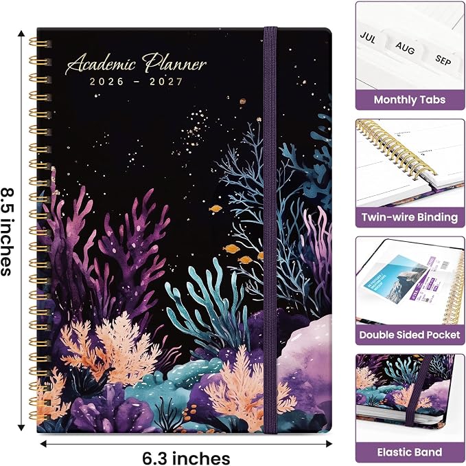 Planner 2026-2027, Academic Monthly and Weekly Calendar Planner for Women, July 2026 - June 2027, Hardcover Pretty Agenda Planner Book with Tabs, Spiral Daily Organizer for School Office Home Supplies, 6.3" x 8.5" - Coral Dream