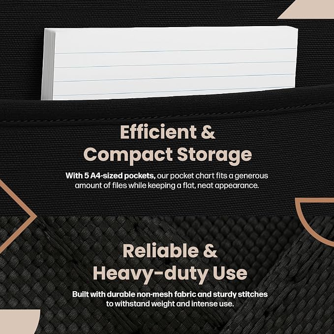 Hippo Creation Heavy Duty Storage Pocket Chart for Classroom, 5 Pocket Storage Organizer with 2 Over-Door Hangers, Hanging Wall Organizer for File Folders, School Mailbox, Home Office Papers - Black