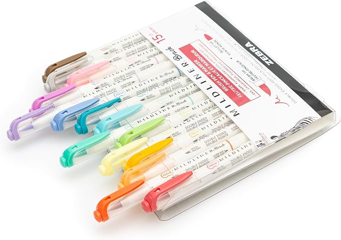 Zebra Pen MILDLINER No Bleed Brush Pen, Assorted Soft, Dual Tip, 15-Pack | Paint Brush Like Tip and Fine Point Marker, Ideal for Calligraphy, Journaling, Planners, Drawing and Illustration (79115)
