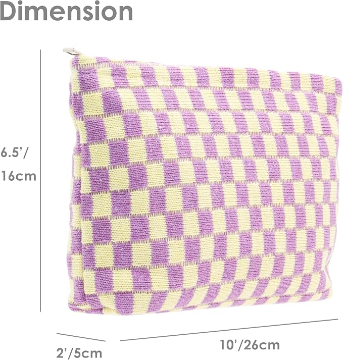 PAZIMIIK Checkered Makeup Bag for Purse, Small Flat Cosmetic Pouch,Purple | Cute Zipper Makeup Organizer for Women, Travel Essentials, Toiletries, Makeup Brushes, Beauty Accessories&Bridesmaid Gifts