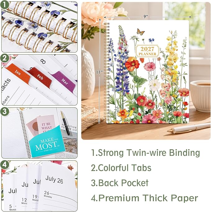 2027 Planner- 2027 Planner Weekly and Monthly, Jan.2027 - Dec.2027, 9"×11", Weekly & Monthly Planner 2027, 2027 Calendar Planner with Colorful Tabs + Twin-Wire Binding + Back Pocket + Premium Thick Paper