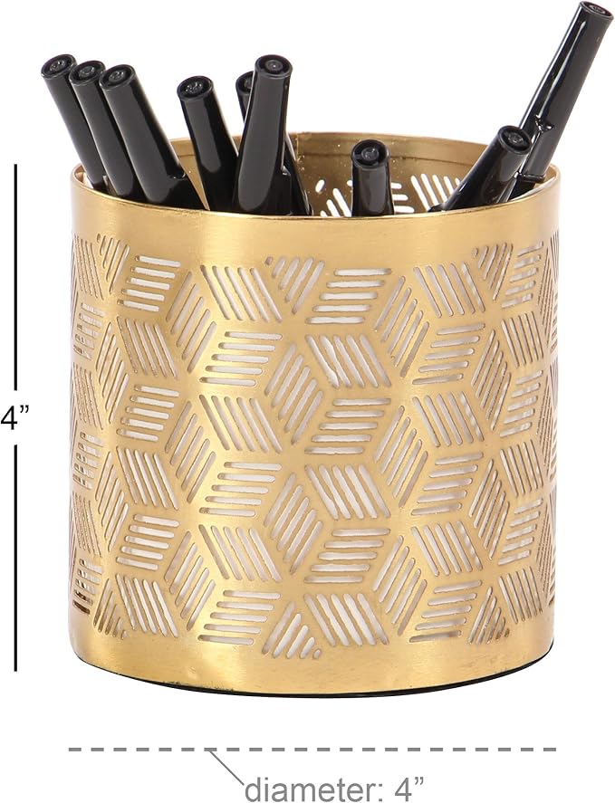 Deco 79 Metal Geometric Pencil Cup with Laser Carved Design, 4" x 4" x 4", Gold | Desk Storage Geometric Pen Holder With Laser Carved Design Pen Cup