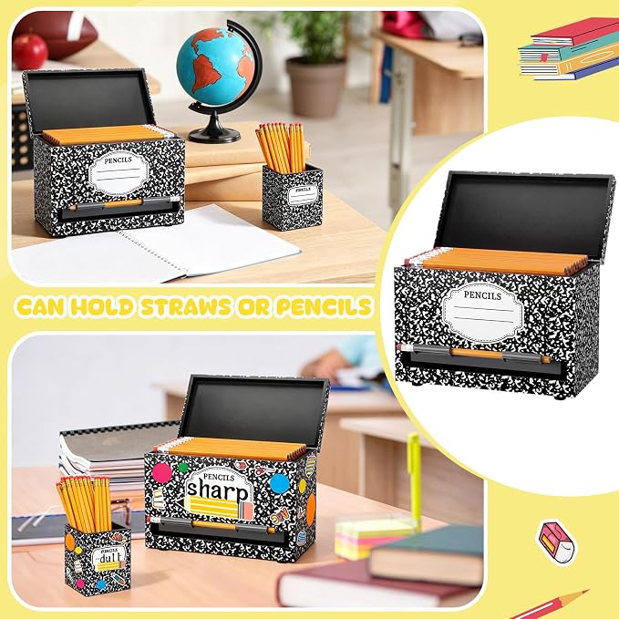 Mifoci Wooden Pencil Dispenser Kit for Classroom Wooden Pen Holder Straw Dispenser Sharp and Dull Letter Stickers for Teachers Classroom Supplies Storage (Composition)