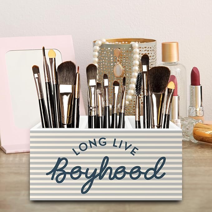 Boys Pen Pencil Holder Organizer for Desk, Long Live Boyhood Grey Striped Wooden Box Signs Decorations for Home Classroom Kids Boy Nursery Room Bedroom Playroom Desk Tabletop, Boys Room Decor