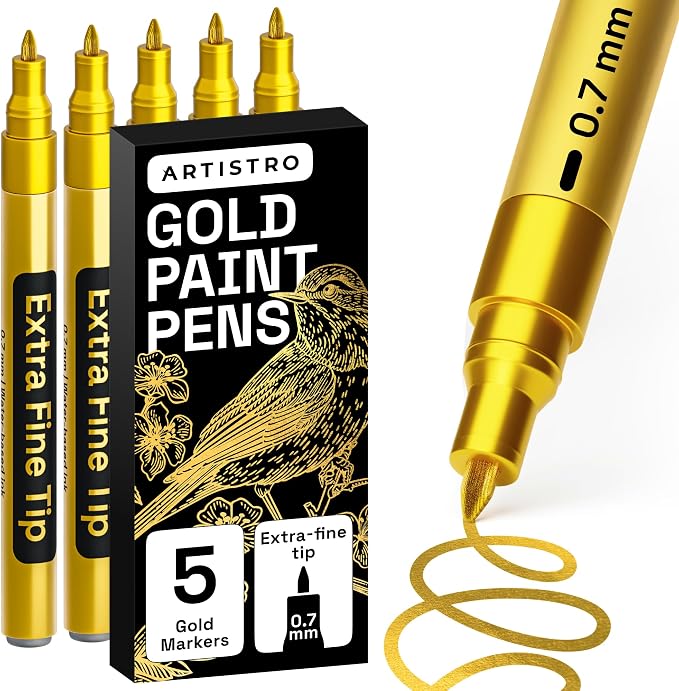 ARTISTRO Gold Paint Pens - Extra-Fine Tips - Set of 5 | Acrylic Paint Markers, Water-Based, For Rock, Glass, Ceramic, Wood, Tire, Fabric, Metal, Canvas, Marking, Painting