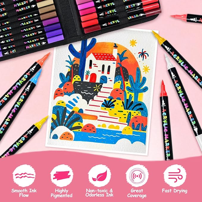 IVSUN 100 Colors Acrylic Paint Pens, Dual Tip Paint Markers | Fine & brush tips, ready to use, includes portable carrying case, works on rock, wood, canvas, ceramic, glass and metal.