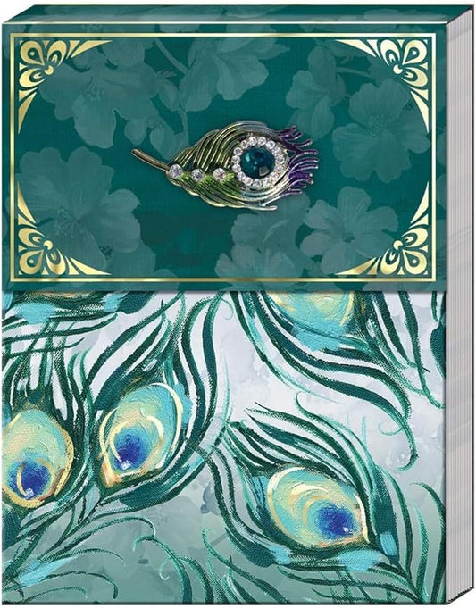 Punch Studio Flip-Top Notepad For Daily Notes or Notes on-the-go, with Magnetic Closure, Brooch Embellishment, Gold-Foil Accents & 75 Illustrated Sheets, 5" x 3.75" - Emerald Peacock (46625)