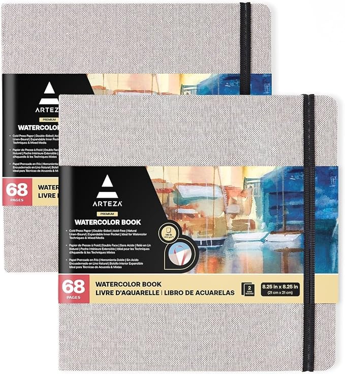 ARTEZA Watercolor Sketchbooks, Pack of 2, 8.25 x 8.25 Inches, 68 Pages Each, 110 lb / 230 GSM, Cold Press, Dual-Sided, Acid-Free Linen-Bound Hardcover Books for Watercolor and Mixed Media