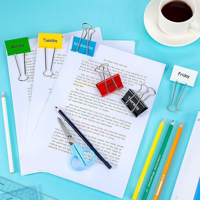Tenare 6 Pack 2 Inch Teacher Binder Clips, Classroom Paper Organizer | Includes Monday, Tuesday, Friday ,Wednesday, Thursday and Today for Classroom Management Paper Sorting-School Office Supplies