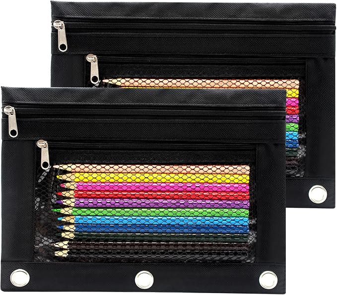 Pencil Pouch 3 Ring Binder Pouch Zippered Pencil Case Canvas Pencil Bag with 2 Compartments (Set of 2, Black)