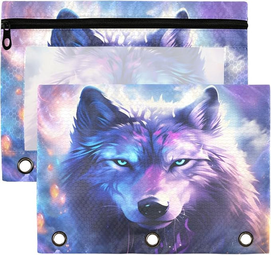 Space Wolf Binder Pouches 3 Ring for Boys Girls School Office College Supplies Moon Planet Galaxy Dog Pencil Pouches Case Bag with Clear Window and Zipper 2 Pack