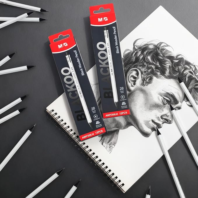 M&G BLACKOO Series 2B Wood-Cased Pencils, 24-Pack Pre-Sharpened with Top Erasers, Bulk Black Pencils for School, Teachers, Writing, Drawing and Sketching (White)