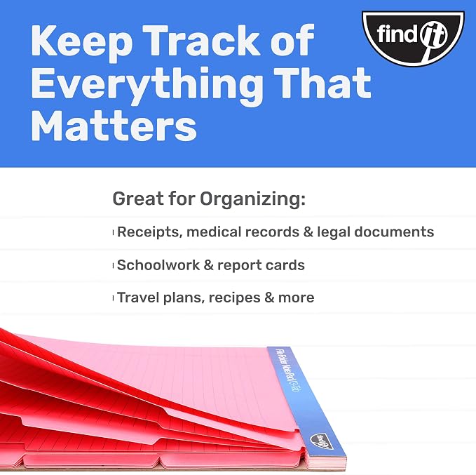 Find It File Folder Notepad, 36-Ct 3rd-Cut Tab Organizer Folders, Pink | Wide-ruled clipboard-style pages, tear-out perforated sheets, great for office, home, and school filing organization