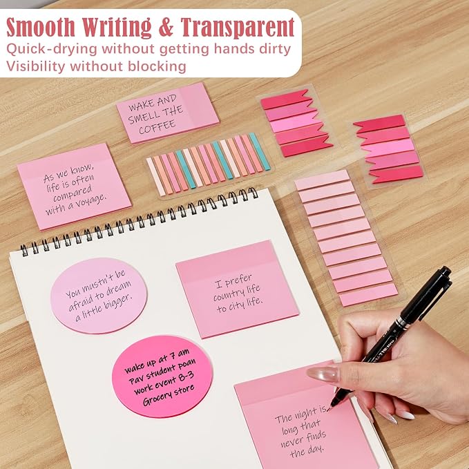 BAYTORY 1240 Sheets Transparent Sticky Notes, Clear Annotation Kit (Pink) | 3 x 3 inch Page Markers, Translucent Self-Stick Index Tabs for Reading Bible Office Journaling