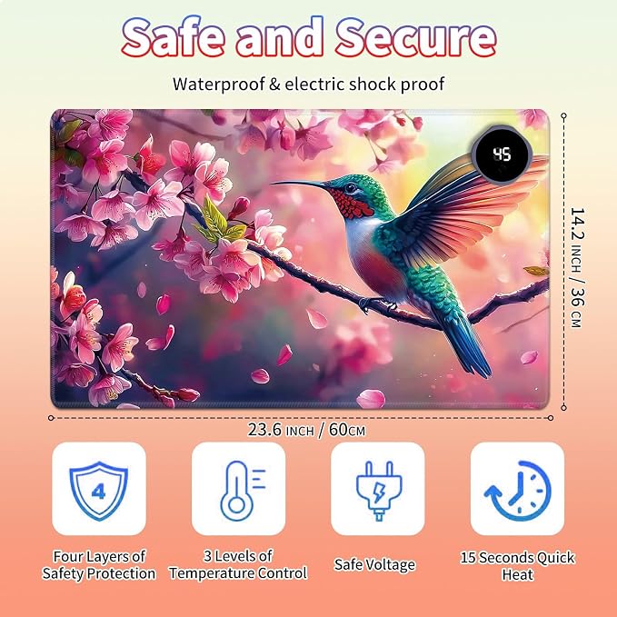 Heated Desk Pad Large Mouse Pad 23.6 x 14.1 inch with 3 Levels Heating & Auto Shut-Off Warm Mouse pad PU Leather Computer Mousepad for Home Office Work - Cherry Blossom and Hummingbird