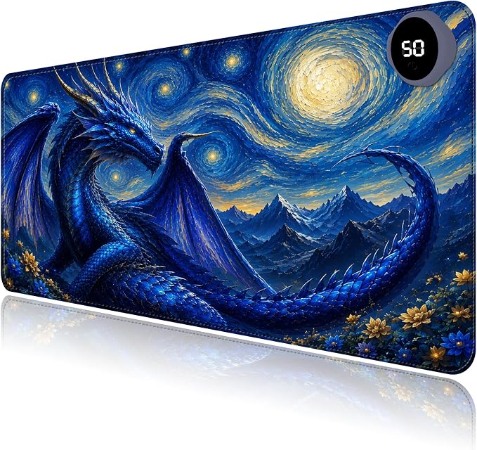 Large Heated Mouse Pad–23.6" x 14.2" Desk Mat for Office | 3 Adjustable Heat Levels,Auto Shut-Off After 3 Hours for Safety,Keeps Hands Warm While Working，Blue Dragon Starry Sky