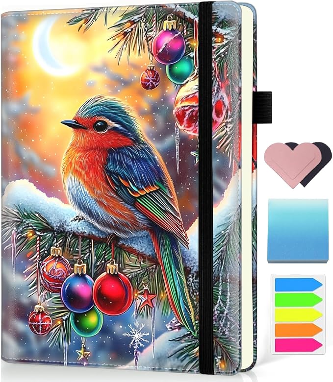 Hardcover Executive Notebooks, A5 PU Leather Lined Journal Notebook, 200 Pages Thick Paper Subject Notebooks for School,Work,Home Writing Business Notebook,Christmas Tree and Colorful Birds