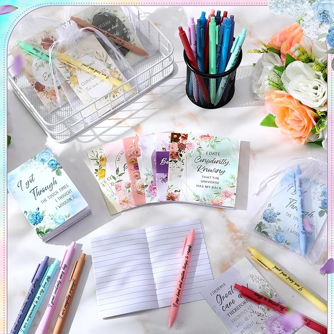 Mooliwe 24 Pcs Positive Affirmation Gift Set Gratitude Notebooks with Pens Small Bags Motivational Encouragement Notepads Daily Affirmations Journal for Women Stress Relief Self Care (Watercolor)