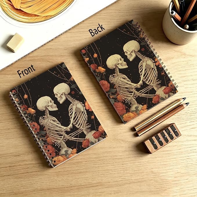 HOXUNQINA Gothic Halloween Couple Skeleton Journal Notebook 5.5x8.3 | Romantic Rose Flower Skeleton Lovers Journal for Women, Dark Academia Gothic Office Supplies Notebooks for Work