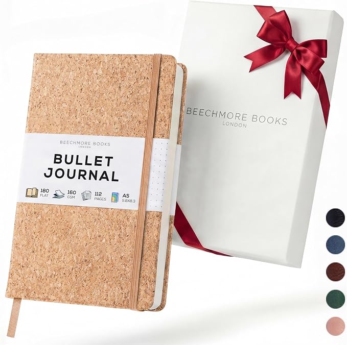 BEECHMORE BOOKS A5 Dotted Journal – 160gsm Thick Paper No-Bleed Bullet Notebook – Hardcover Dot Grid Logbook with Presentation Gift Box – Vegan Leather Sketchbook for Artists & Professionals