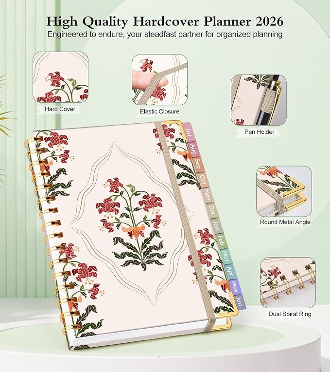 Academic Planner 2026-2027, Hardcover Weekly and Monthly Calendar Planner from July 2026 - June 2027, Daily Agenda Planners with Tabs, College School Organizer for Student Teacher, A4 (8.5" x 11"), Beige Bouquet