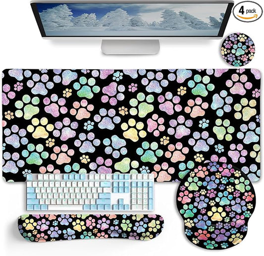 LIMKRIAN Dog Paw Mouse Pad Set XXL Large Desk Mat Pad, Cute Office Decor | Ergonomic Mousepad Wrist Rest, Computer Keyboard Mat, Wrist Support, Coaster, Home Office Supplies Desk Decor Accessories