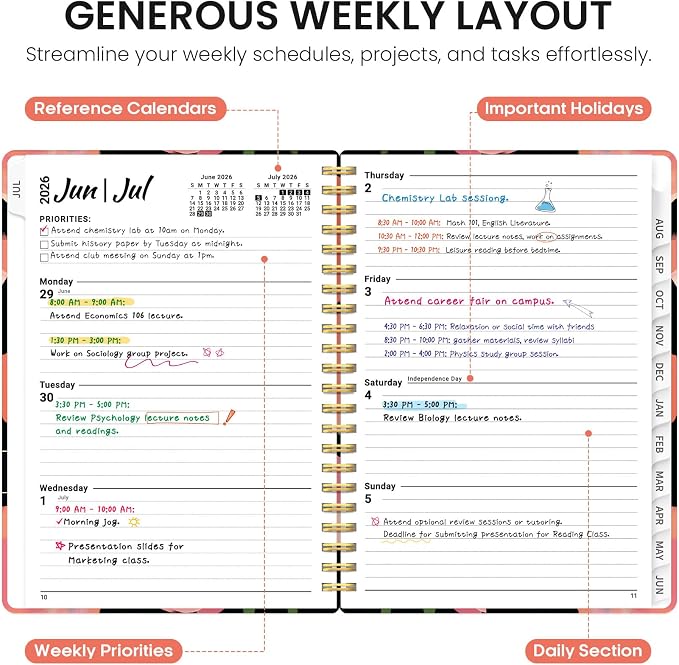 Planner 2026-2027, Academic Year Weekly and Monthly Calender Planner, from Jul 2026 - Jun 2027, Spiral Bound School Planning Book, Perfect for Teacher, Student, Women & Men, A5 (6.3" x 8.5"), Midnight Poppies