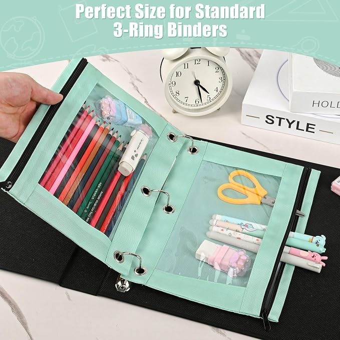 Lanpn Pencil Pouch for 3 Ring Binder 6 Pack, Pastel Binder Pen Bags with Zipper, 3 Holes Pencil Holder Stationary Organizer for Boy Girl Kids School Student, Reinforced Grommets & Clear Window, Green