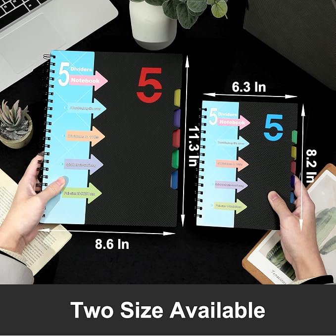 CAGIE 5 Subject Notebook 8.5 x 11, A4 Spiral Notebooks with Dividers Tabs | College Ruled 240 Pages Spiral Notebook for Note Taking, School, Work, Black