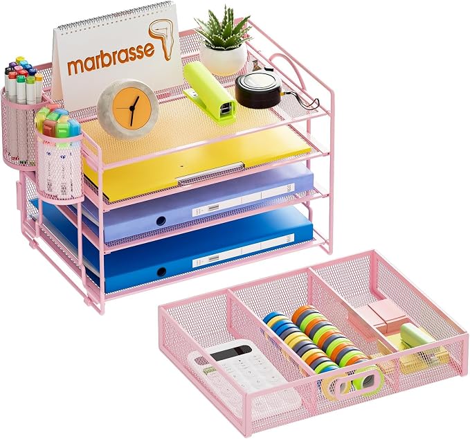 Marbrasse Desk Organizer and Accessories, 4-Tier Paper File Letter Tray Accessories & Workspace Desk Organizers with Drawer and 2 Pen Holders for School Home Office Supplies(Pink)-2P