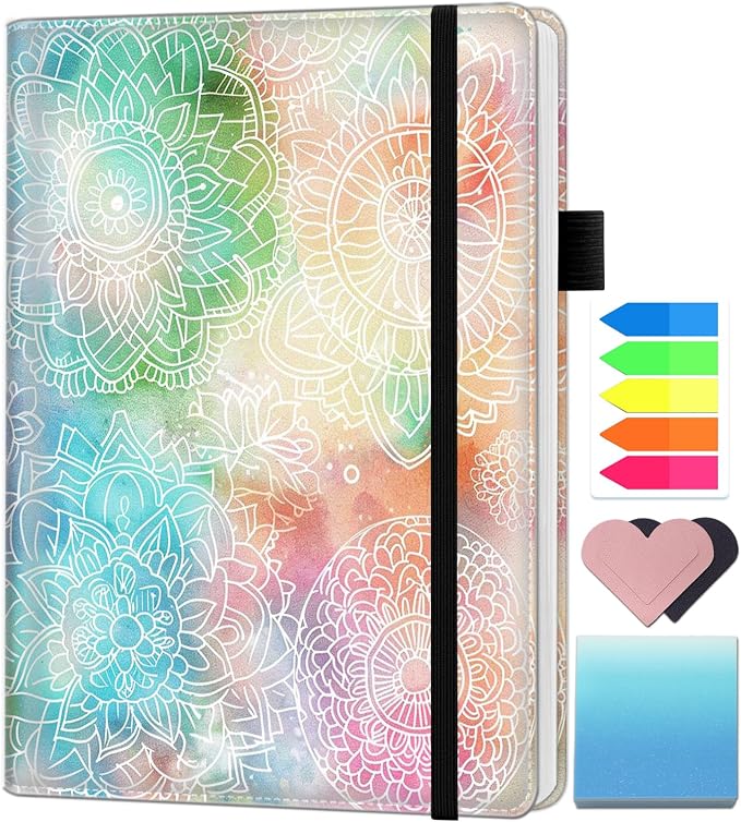 A5 Leather Lined Journal Notebook, 200 Pages Hardcover Executive Notebook for Men Women Office School Note Taking, Thick Writing Paper Daily Journal with Bookmarks/Indexes, Colorful Mandala