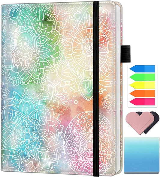 A5 Leather Lined Journal Notebook, 200 Pages Hardcover Executive Notebook for Men Women Office School Note Taking, Thick Writing Paper Daily Journal with Bookmarks/Indexes, Colorful Mandala