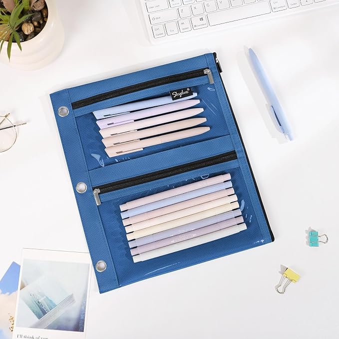 SKYDUE Binder Pencil Pouch for 3 Ring Binder, 3 Compartment Zipper Case, Large Capacity Pen Organizer with Clear PVC Window for School Supplies, Students, Kids & Teachers